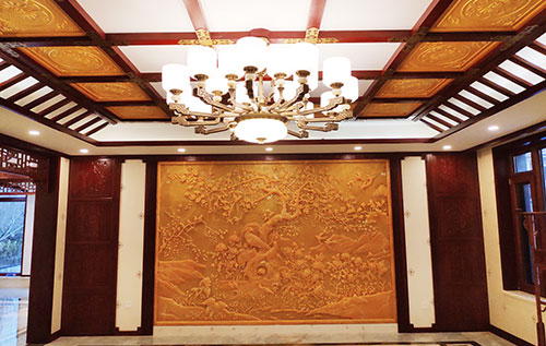 文圣中式别墅客厅中式木作横梁吊顶装饰展示